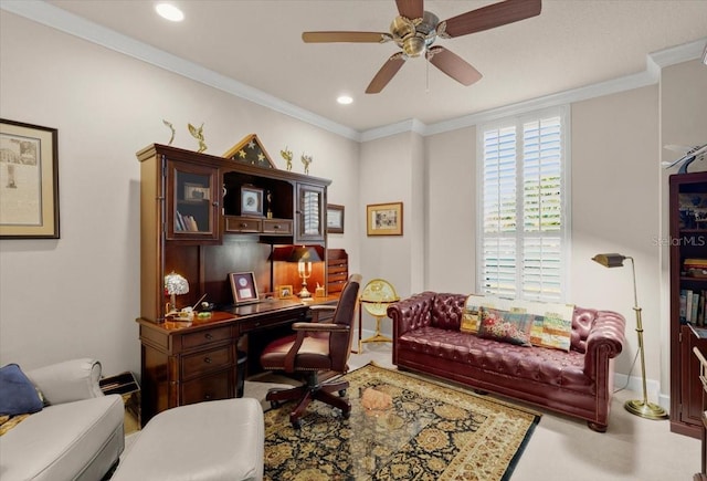 home office with crown molding and ceiling fan