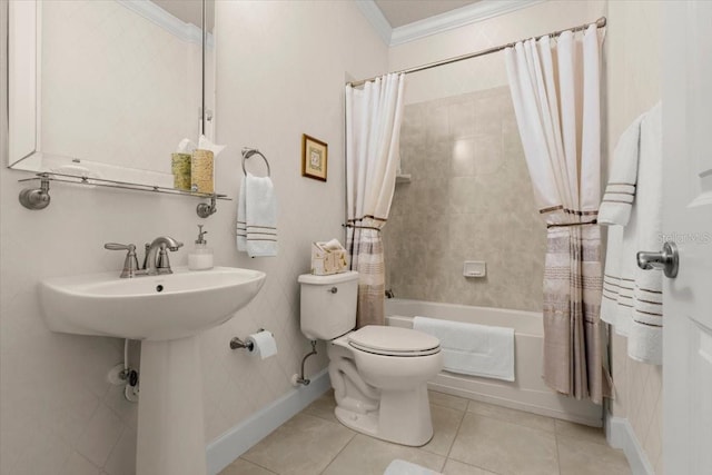 bathroom with tile patterned floors, toilet, shower / bath combination with curtain, and crown molding