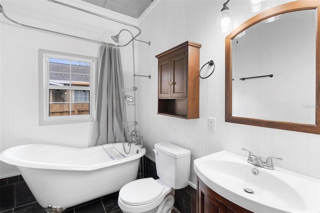 full bathroom with tile patterned floors, vanity, shower with separate bathtub, and toilet