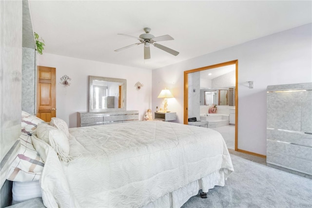 bedroom with ceiling fan and light carpet