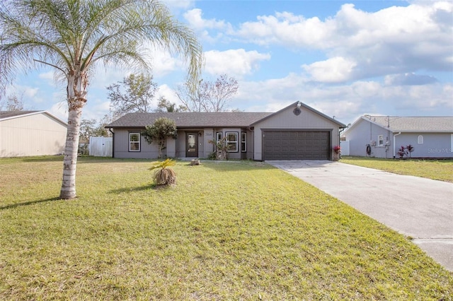 ranch-style house with a garage and a front lawn