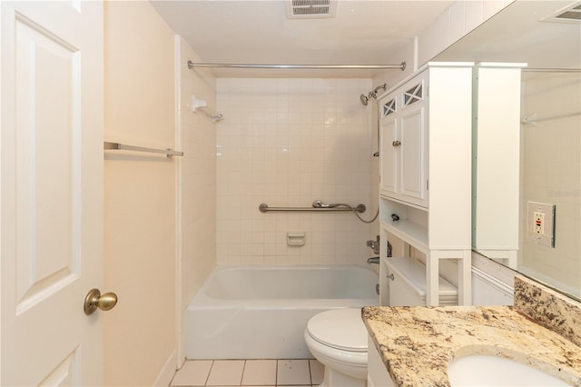 full bathroom featuring tile patterned flooring, vanity,  shower combination, and toilet