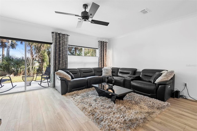 living room with ceiling fan, hardwood / wood-style floors, and ornamental molding