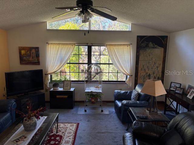 carpeted living room featuring a textured ceiling, vaulted ceiling, and ceiling fan