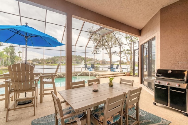 view of patio / terrace featuring a water view, grilling area, a lanai, and a pool with hot tub