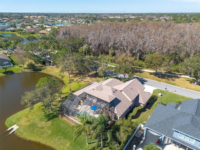 drone / aerial view featuring a water view