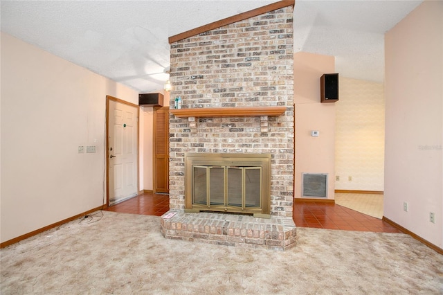 unfurnished living room featuring tile patterned floors, a fireplace, a textured ceiling, and lofted ceiling