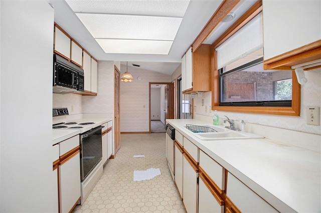 kitchen with sink, hanging light fixtures, white electric stove, vaulted ceiling, and white cabinets