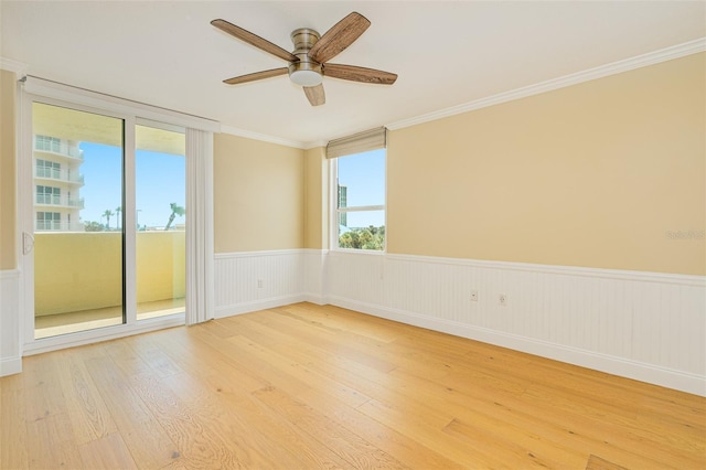 spare room with ceiling fan, a wealth of natural light, and light hardwood / wood-style flooring