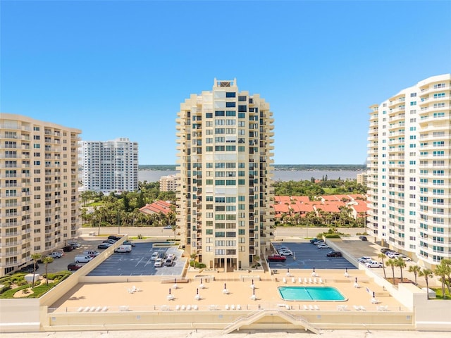 view of building exterior with a water view