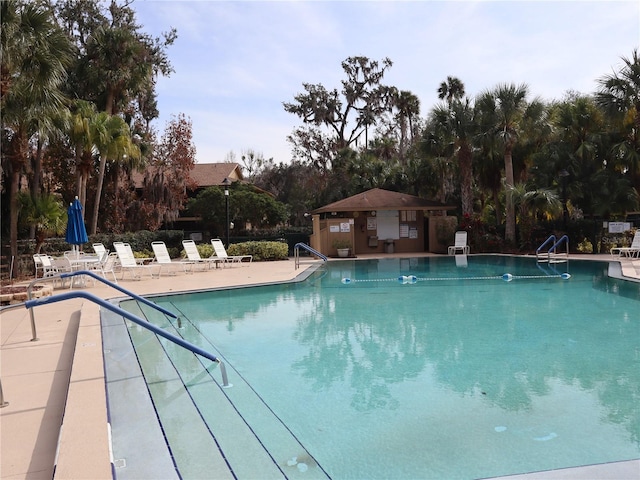 view of swimming pool featuring a patio area