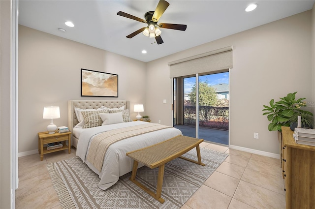 tiled bedroom with ceiling fan and access to outside