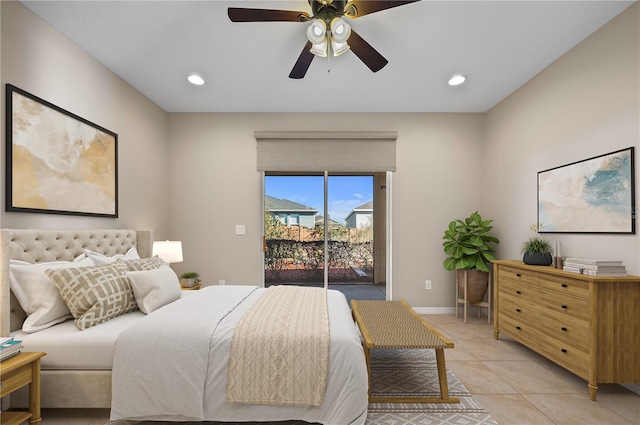 bedroom with light tile patterned flooring, ceiling fan, and access to exterior