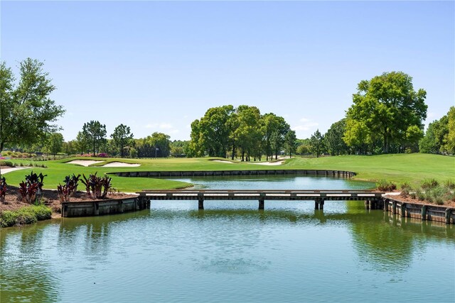 view of dock featuring a yard and a water view