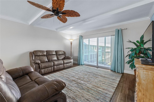 living room featuring ceiling fan, crown molding, beam ceiling, and dark hardwood / wood-style floors