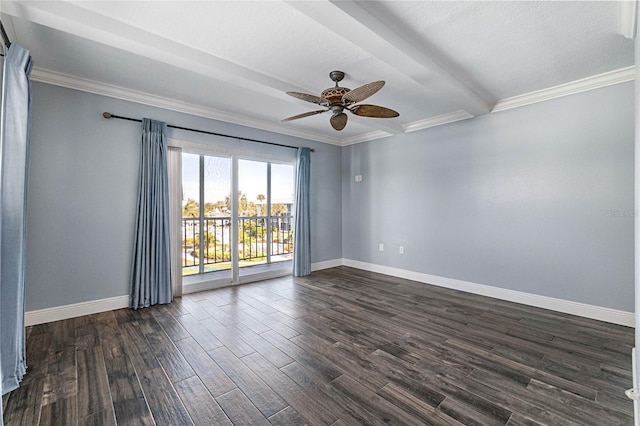 spare room featuring ceiling fan, crown molding, dark hardwood / wood-style flooring, and beam ceiling