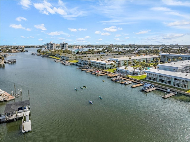 bird's eye view with a water view