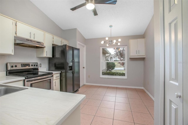 kitchen featuring stainless steel electric stove, decorative light fixtures, black refrigerator with ice dispenser, light tile patterned floors, and kitchen peninsula