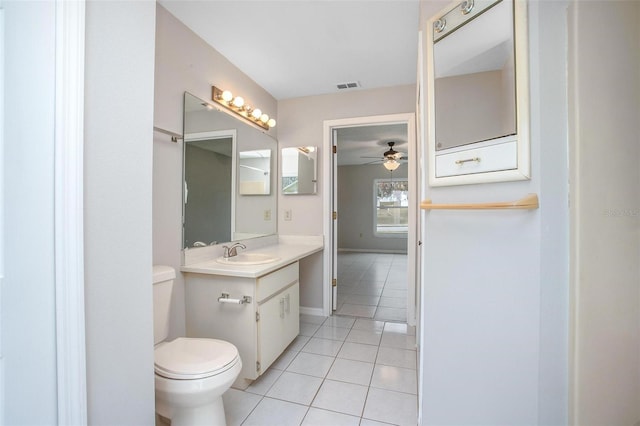 bathroom featuring toilet, ceiling fan, tile patterned floors, and vanity