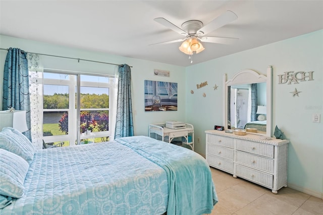 bedroom with light tile patterned floors and ceiling fan