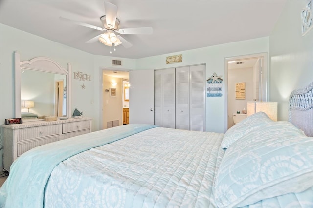 bedroom with ceiling fan and a closet