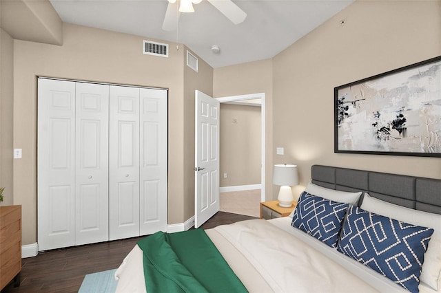 bedroom featuring ceiling fan, dark hardwood / wood-style flooring, and a closet