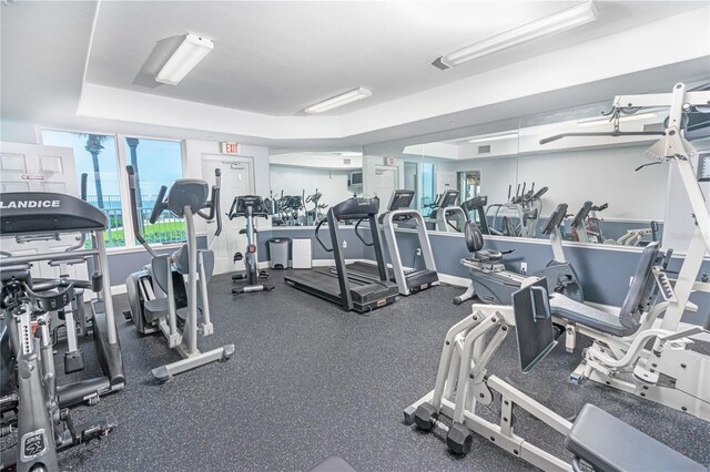 workout area with a raised ceiling