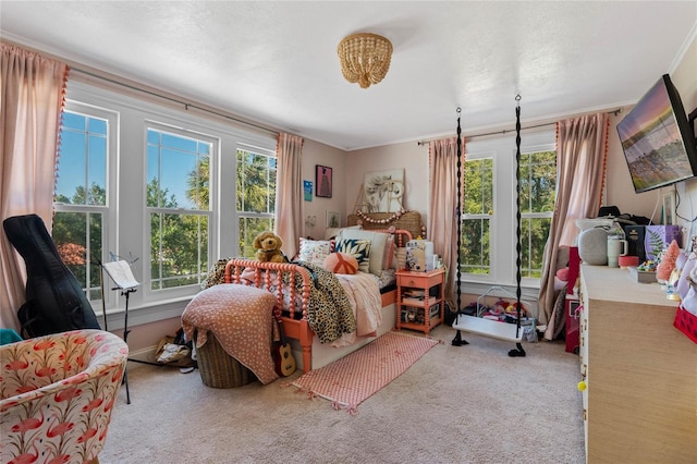 carpeted bedroom with multiple windows and ornamental molding