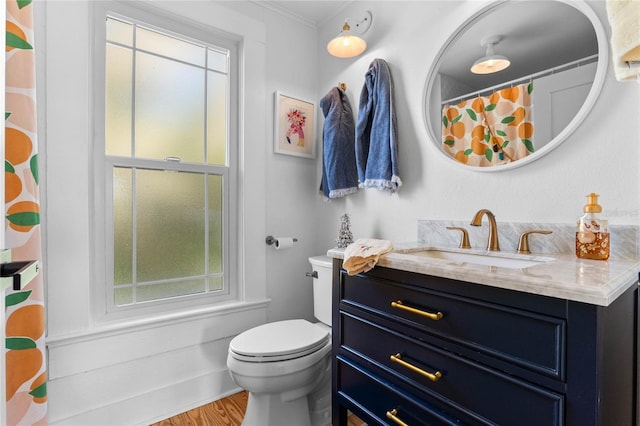 bathroom featuring vanity, hardwood / wood-style floors, crown molding, and toilet