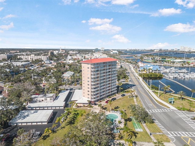 drone / aerial view with a water view