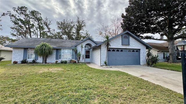 single story home featuring a front lawn and a garage