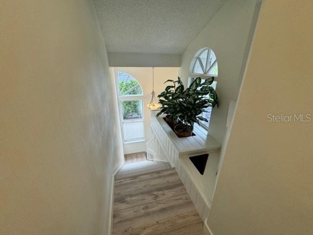 corridor with a textured ceiling and light hardwood / wood-style floors