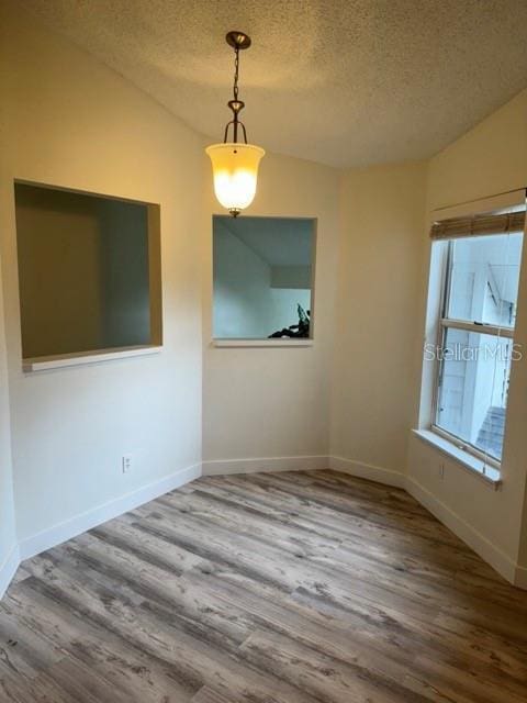 unfurnished dining area with a textured ceiling, hardwood / wood-style floors, and lofted ceiling