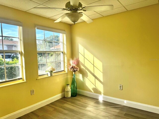 unfurnished room featuring ceiling fan, a wealth of natural light, a paneled ceiling, and hardwood / wood-style floors