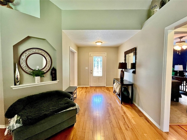 foyer entrance with hardwood / wood-style flooring, baseboards, and a textured ceiling