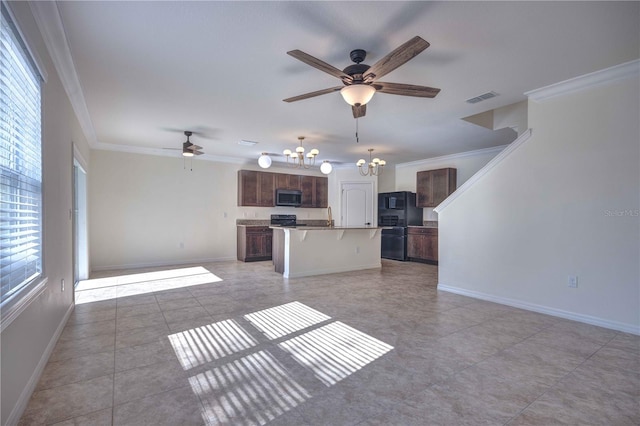 unfurnished living room with a healthy amount of sunlight, light tile patterned flooring, and ornamental molding