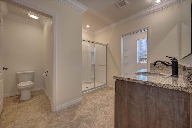 bathroom featuring toilet, crown molding, a shower with shower door, and vanity