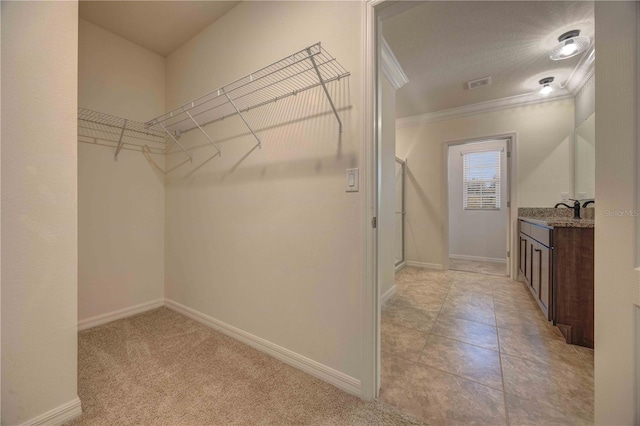 walk in closet featuring light carpet and sink