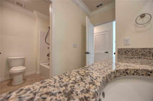 full bathroom with toilet, vanity, shower / bathtub combination, and ornamental molding