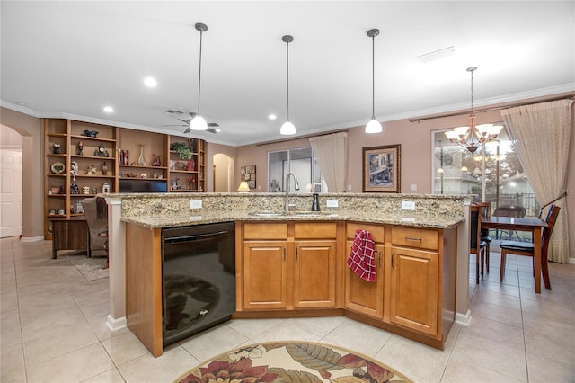 kitchen featuring light tile patterned floors, a kitchen island with sink, hanging light fixtures, ceiling fan with notable chandelier, and sink