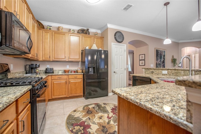 kitchen with decorative light fixtures, light tile patterned flooring, ornamental molding, black appliances, and sink