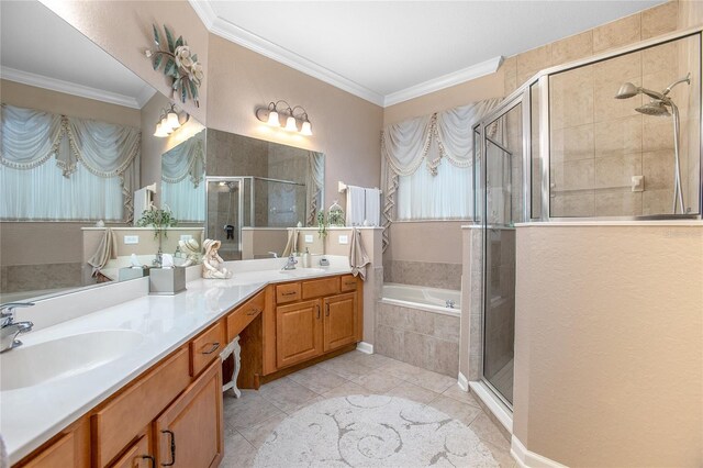 bathroom featuring vanity, tile patterned floors, ornamental molding, and shower with separate bathtub