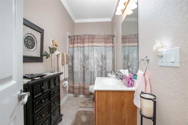 bathroom with tile patterned floors, vanity, a shower with curtain, toilet, and ornamental molding