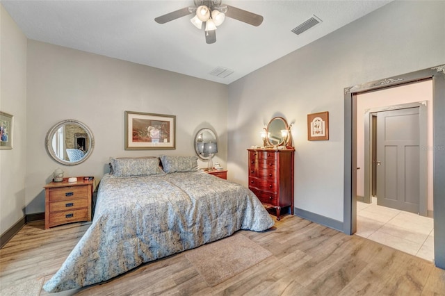 bedroom with ceiling fan and light wood-type flooring