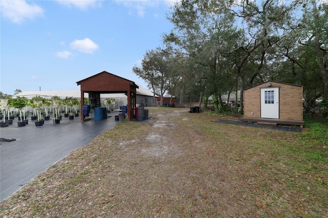 view of yard with a shed