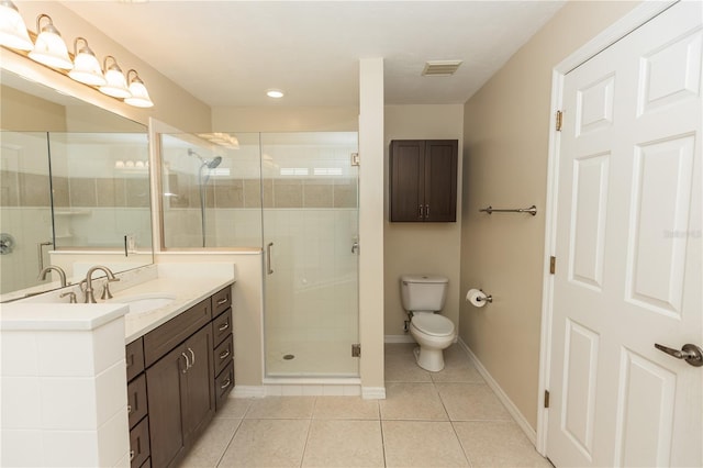 bathroom with tile patterned floors, toilet, a shower with door, and vanity