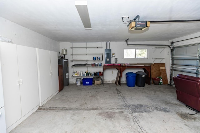 garage featuring a garage door opener, electric panel, and electric water heater