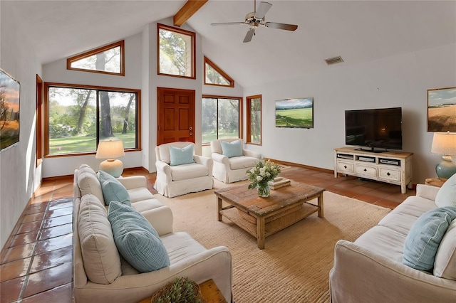 tiled living room with visible vents, beamed ceiling, high vaulted ceiling, and baseboards