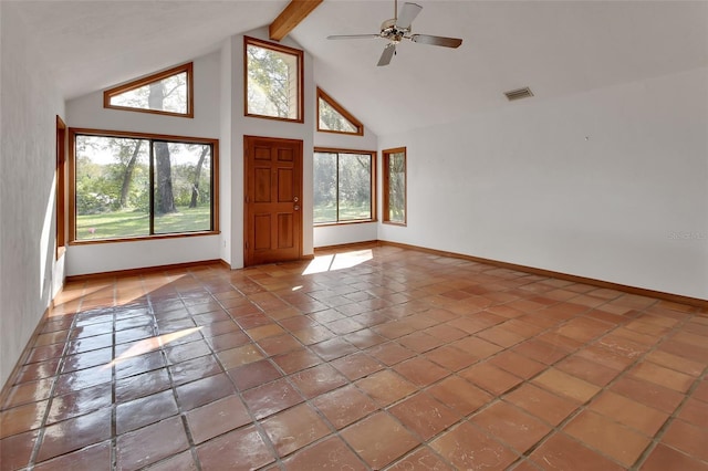 interior space with a wealth of natural light, visible vents, beamed ceiling, and high vaulted ceiling