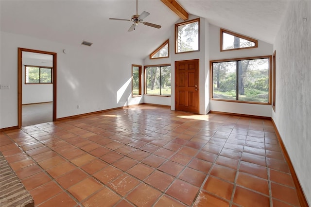 unfurnished living room with visible vents, baseboards, beamed ceiling, tile patterned floors, and high vaulted ceiling